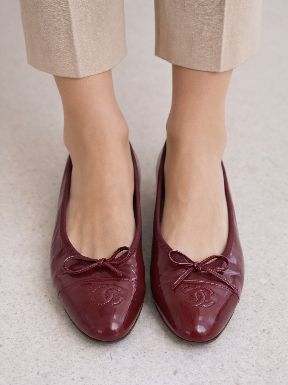 Vintage CHANEL Burgundy Patent Leather Ballet Flats with Bow